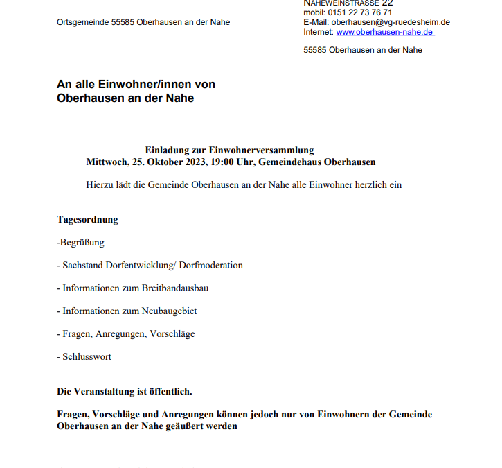 Einladung Einwohnerversammlung